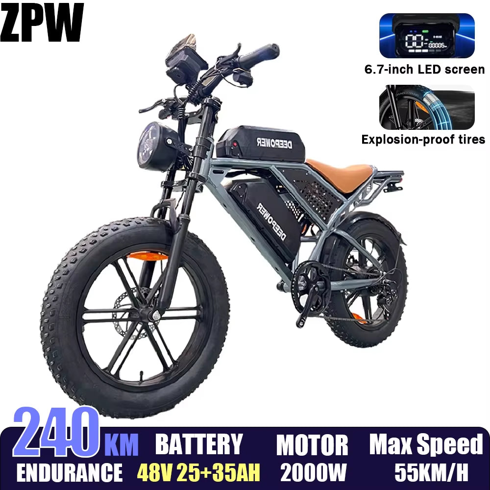 Adult Electric Bike 2000W 48V60AH Disc Brakes 20 Inch Fat Tire for Mountain Electric Bikes with Large LED Display for Ebike